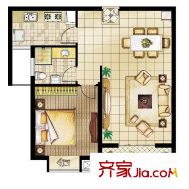 海尚名都户型图4幢3号户型图 1室2厅1卫