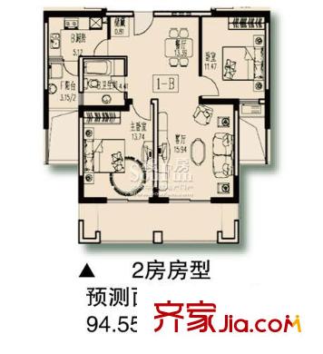 绿洲古猗新苑户型图1-B户型 2室2厅1卫1厨