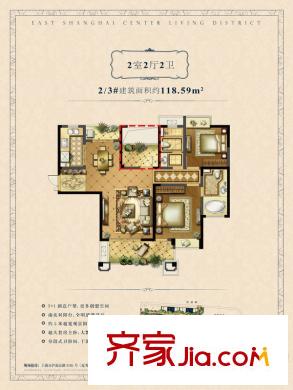 綠地東上海三期2房戶型圖 2室2廳2衛(wèi)1廚