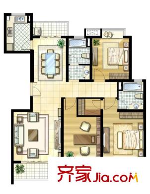 御景華庭戶型圖E戶型平面布置圖 3室2廳2衛(wèi)1廚