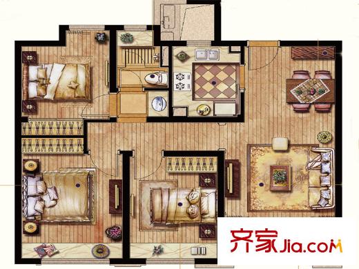 保利翡丽公馆A2户型图 3室2厅1卫1厨