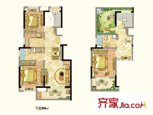 紫菁庭E戶型復(fù)式 3室2廳2衛(wèi)1廚