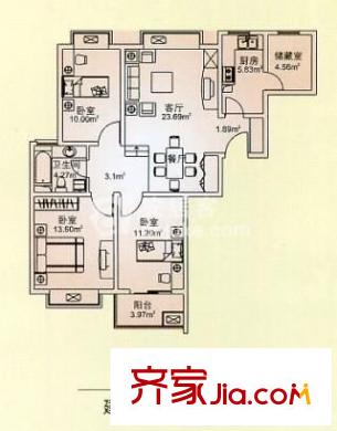 萬邦都市花園戶型圖戶型圖 3室2廳1衛(wèi)1廚