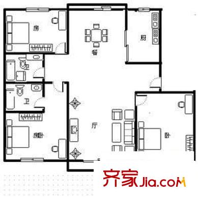 新时代景庭户型图户型图 3室2厅2卫1厨