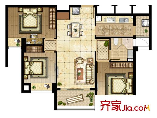 合景叠翠峰户型图户型图 3室2厅2卫1厨