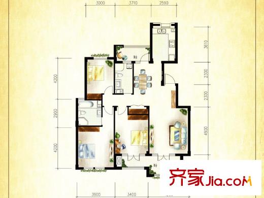 萬(wàn)科金色公館戶型圖戶型圖 3室2廳2衛(wèi)1廚