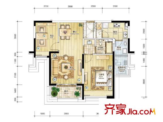 仁恒森蘭雅苑三期二期L-2戶型 2室2廳1衛(wèi)1廚
