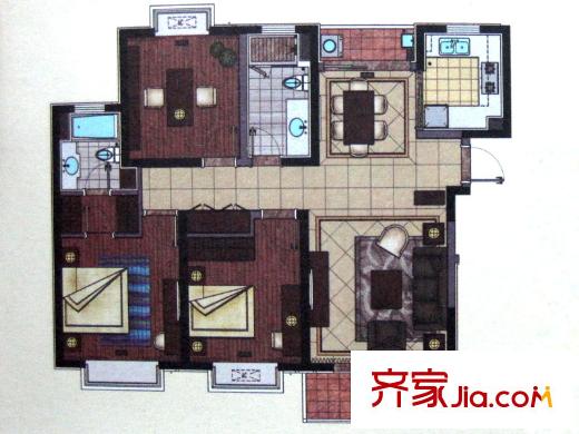 嘉乐东润舒庭6#126平三室二厅户型图 3室2厅2卫1厨