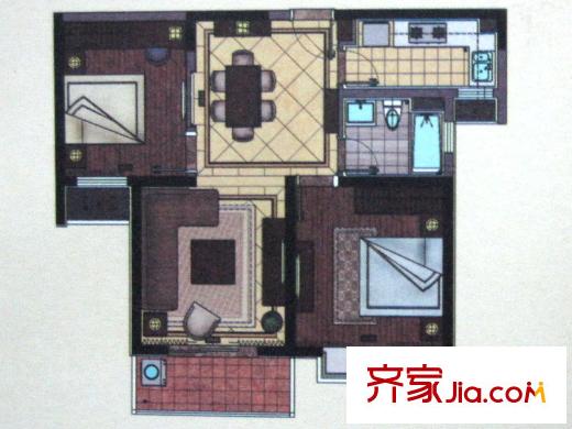嘉乐东润舒庭6#88平二室二厅户型图 2室2厅1卫1厨