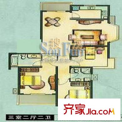 世紀(jì)左岸戶型圖三房b戶型 3室2廳2衛(wèi)1廚
