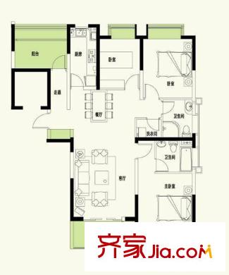 康橋半島秀溪公寓戶型圖A1戶型 3室2廳2衛(wèi)1廚