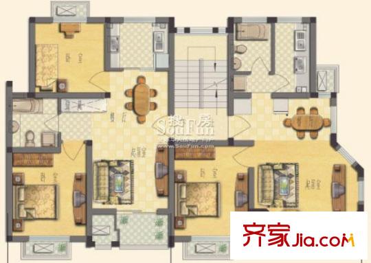 保利金色唐城戶型圖房型DE 3室4廳2衛(wèi)2廚