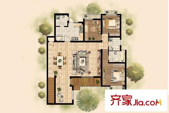 上尚缘C1户型 一层 3室2厅2卫1厨