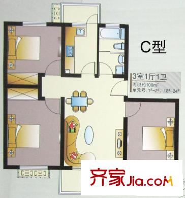 自然居家园户型图C型 3室1厅1卫1厨