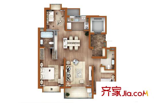 萬(wàn)科翡翠公園125平方米戶型 3室2廳2衛(wèi)1廚