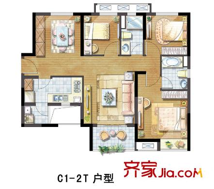 凱德新視界C1-2T戶型平面圖 3室2廳2衛(wèi)1廚