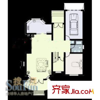 東源麗晶別墅戶型圖D戶型一層 1室2廳1衛(wèi)1廚