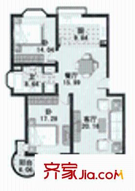 龙柏西郊公寓户型图2室2厅1卫1厨