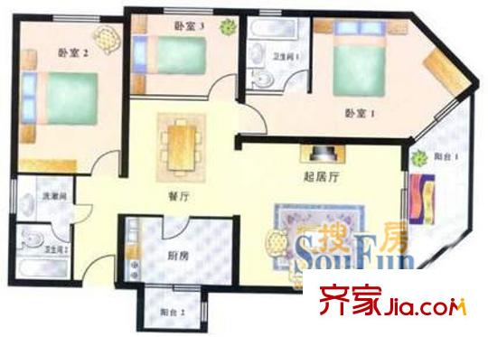 上海 聽潮一村3室 戶型圖