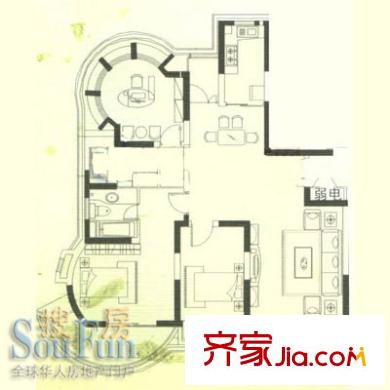 城宁花苑户型图5、6号楼底层02户 3室2厅2卫1厨