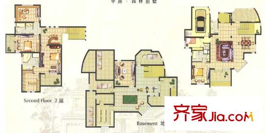 森林溪谷户型图A户型一、二及地下室 5室2厅4卫1厨