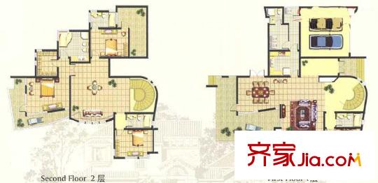 森林溪谷户型图B户型一、二层 4室3厅3卫1厨