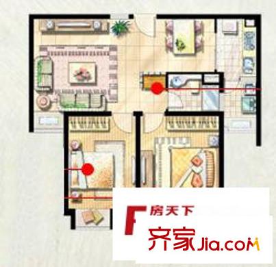 富顿街区户型图4号标准层B型 2室2厅