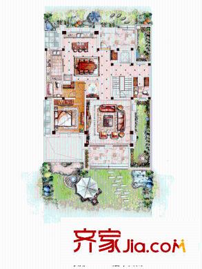 中金海棠灣別墅C1戶(hù)型一層平面圖 3室2廳2衛(wèi)1廚