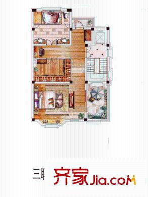 中金海棠灣別墅C1戶(hù)型三層平面圖 3室2廳2衛(wèi)1廚