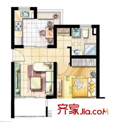 康桥水都户型图1房B-56PM 1室1厅1卫1厨