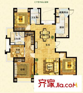 保利叶之林C1户型图 4室2厅2卫1厨