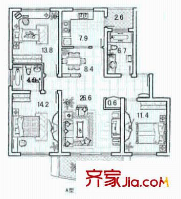 复星新苑户型图3室2厅1卫1厨