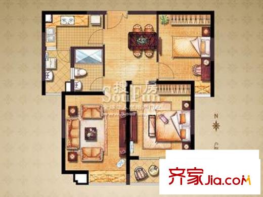 中海万锦城户型图6B平面户型图 2室2厅1卫1厨