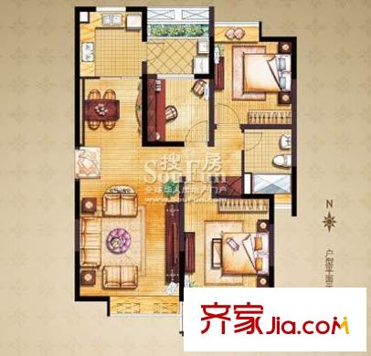 中海万锦城户型图6C平面户型图 3室2厅1卫1厨