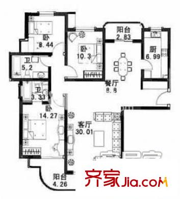 杨泰春城户型图户型图 3室2厅2卫1厨