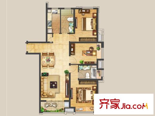 大名城名郡A1户型129平 3室2厅2卫1厨