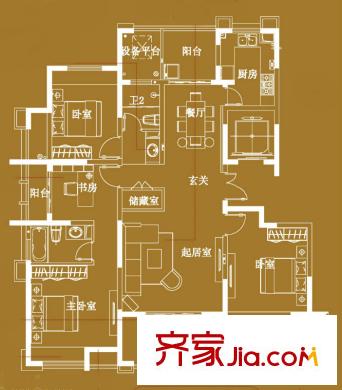 嘉实上城名都南区6幢176、177号单元D1户型图 4室2厅2卫1厨