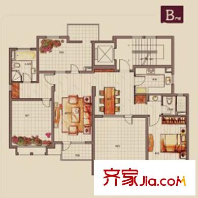 万科琥珀郡园户型图一期B户型 2室2厅2卫1厨