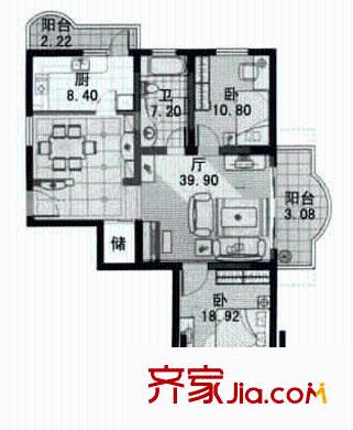 梅北小区户型图2212 2室2厅1卫1厨