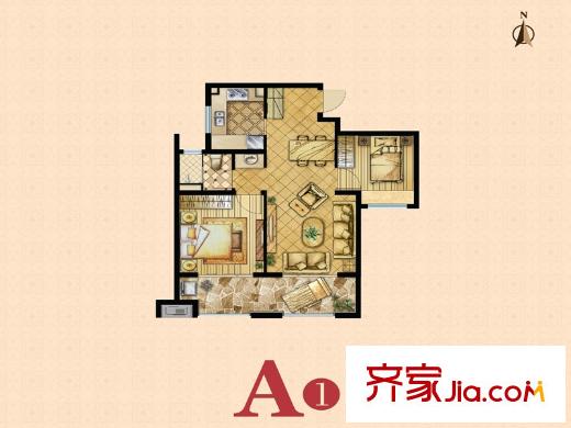 绿地海域笙晖A1户型 2室2厅1卫1厨