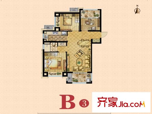 绿地海域笙晖B3户型 3室2厅1卫1厨