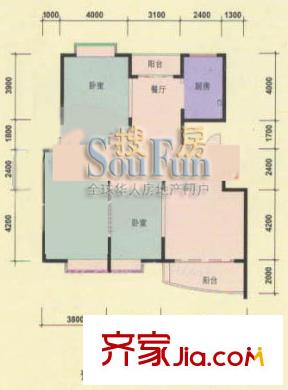 仕嘉名苑戶型圖B戶型 3室2廳2衛(wèi)1廚