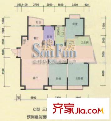 仕嘉名苑戶型圖C戶型 3室2廳2衛(wèi)1廚