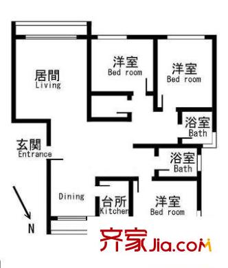 虹口玫瑰苑户型图户型图 3室2厅1卫1厨