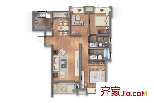 上实海上荟114平C2户型图 3室2厅2卫1厨