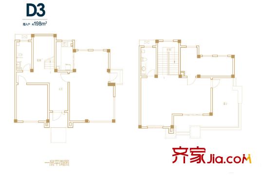 上实海上荟商墅198平D3户型图 1室1厅1卫1厨