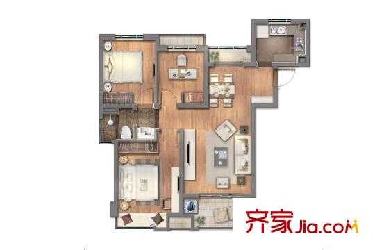 上实海上荟97平B2户型图 3室2厅1卫1厨