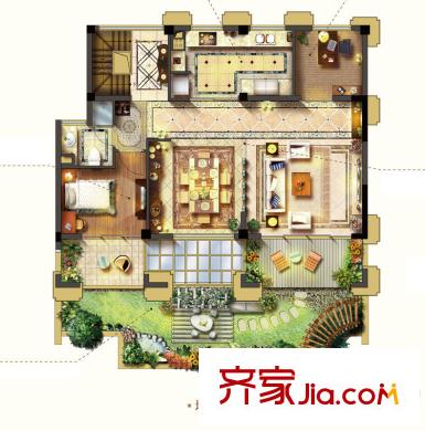 象嶼鼎城別墅戶(hù)型圖下疊DN戶(hù)型-地上一層 4室2廳3衛(wèi)1廚