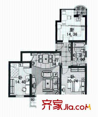 申达枫桥苑户型图户型图 2室1厅1卫1厨