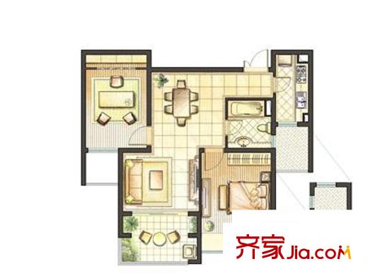 鉑庭戶型圖1#樓B2 2室2廳1衛(wèi)1廚